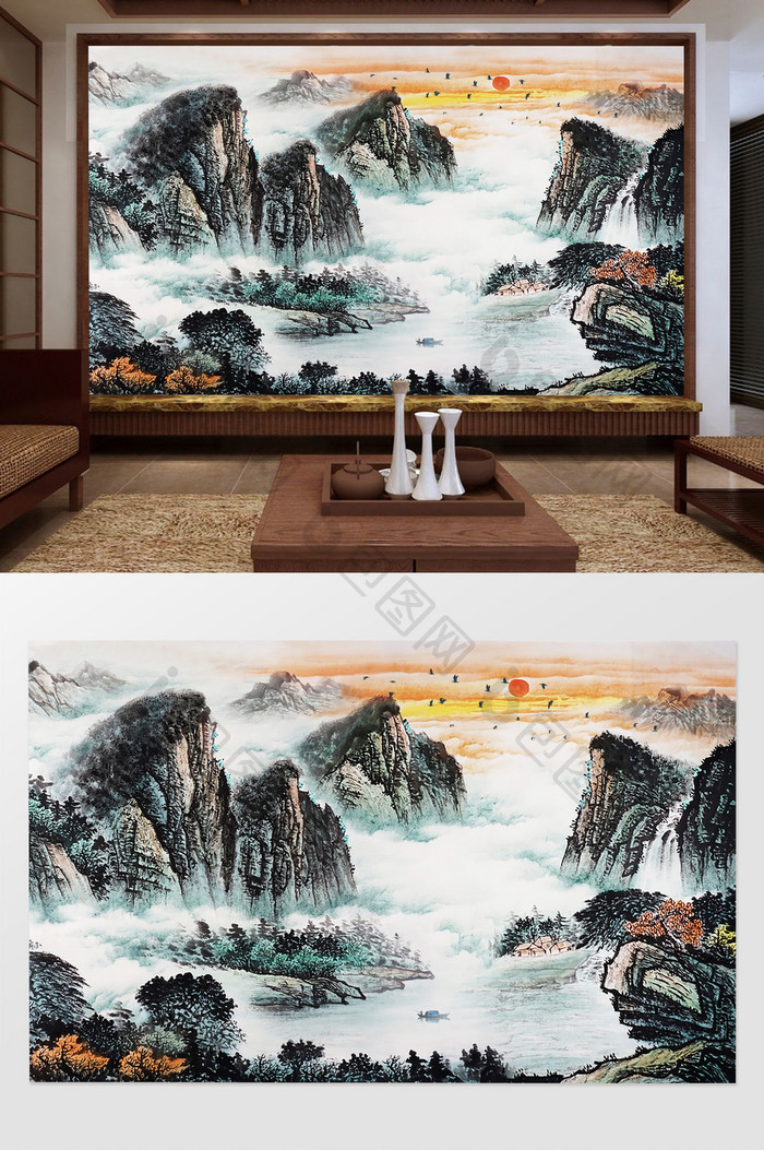 中国风水墨山水流水生财电视背景墙