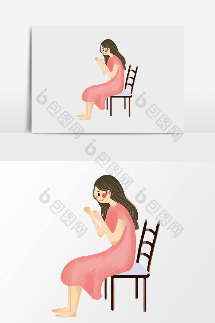 手绘端坐的女子插画元素