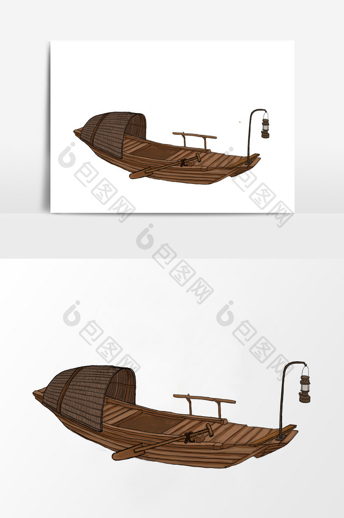 淡彩民风的古代小渔船元素