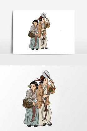 淡彩国画的古代行走母女