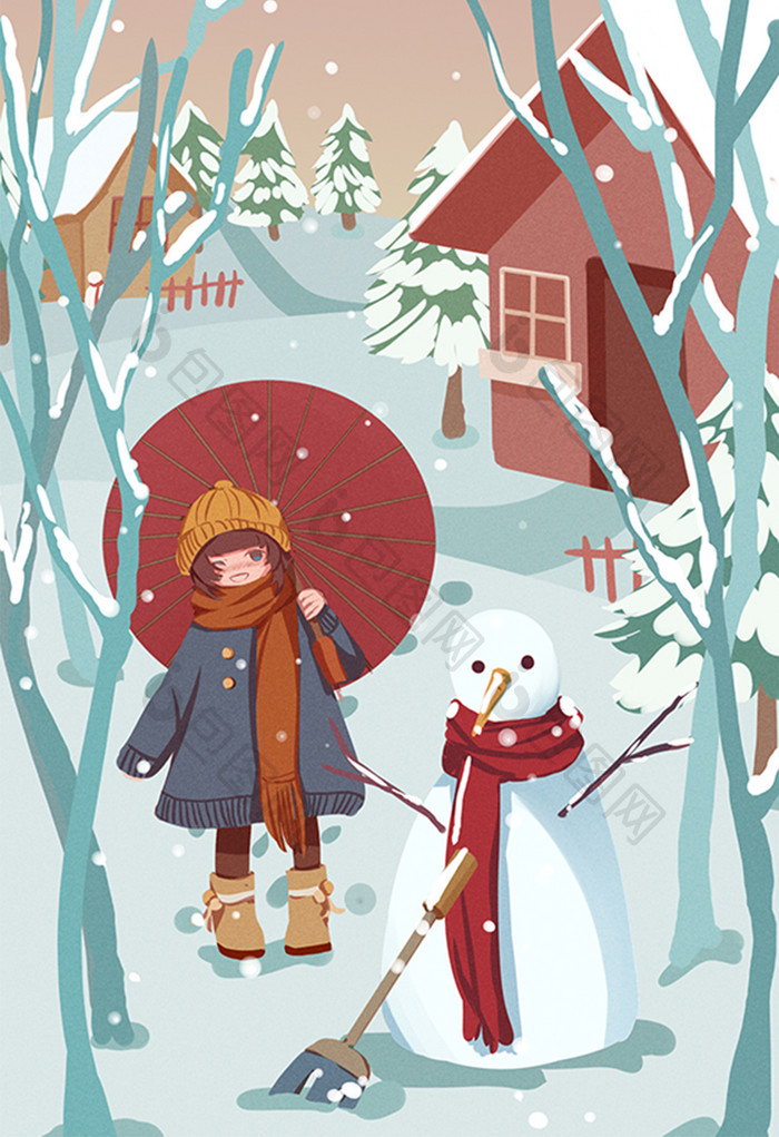 手绘人物冬至雪景插画