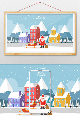 清新圣诞节圣诞老人雪山雪景插画图片