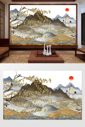 新中式树枝白鹭山背景墙