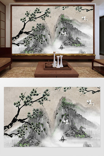 新中式创意山峦松枝定制电视背景墙图片