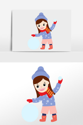 可爱卡通冬天小女孩堆雪人插画人物素材