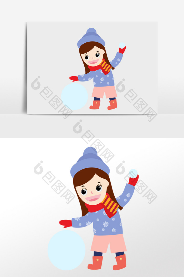 可爱卡通冬天小女孩堆雪人插画人物素材