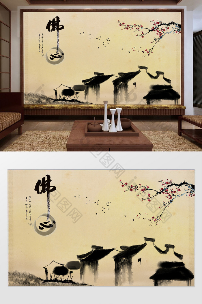 新中式禅意古宅风景背景墙图片图片
