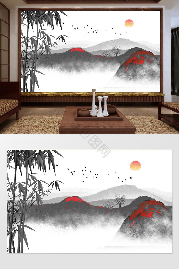 新中式山水竹子小鸟日出背景墙图片