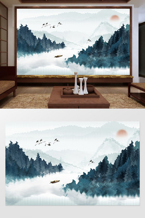 新中式蓝色创意波纹山峦定制电视背景墙
