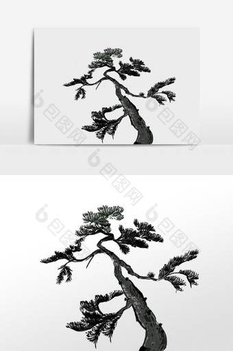 手绘植物水墨松树插画元素图片