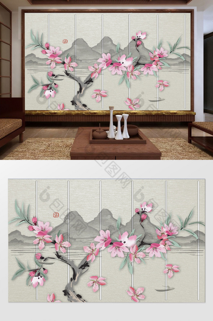 新中式清新简洁桃花山水背景墙图片图片