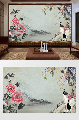 中式牡丹仙鹤电视背景墙定制图片