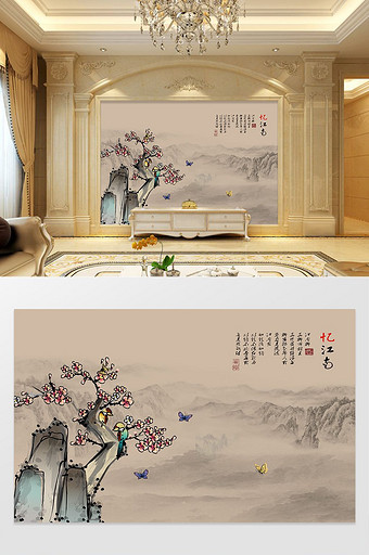新中式花鸟山水定制背景墙图片