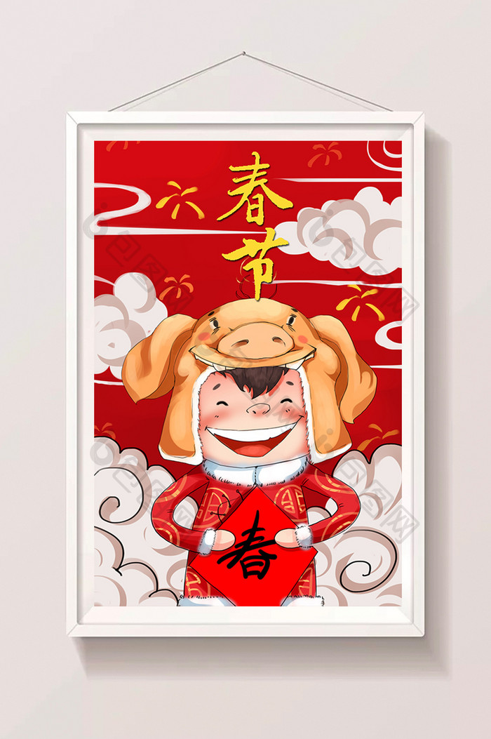 红色喜庆卡通风新年插画