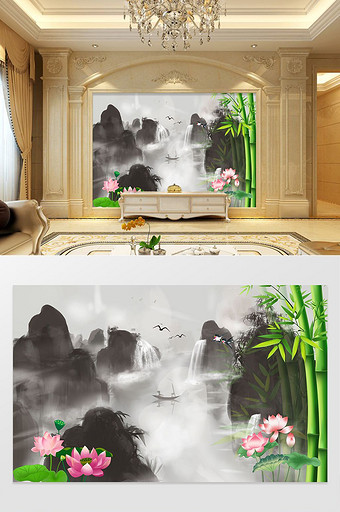 中式意境灰色高楼风景绿色竹子荷花背景墙图片