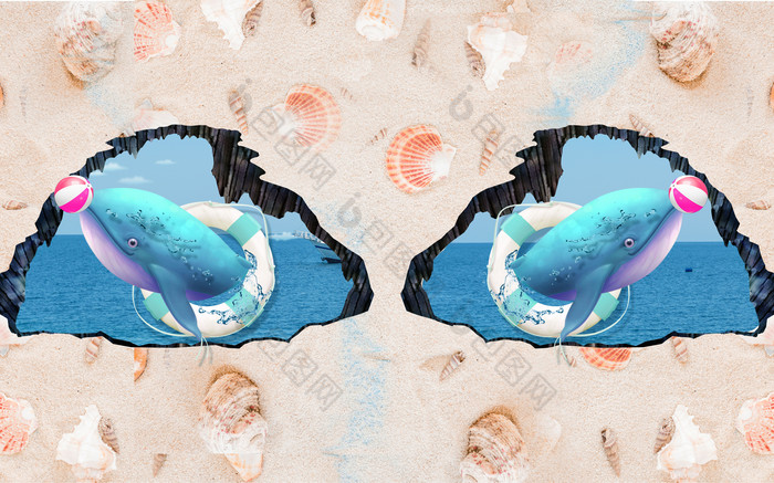 现代简约3D海星沙滩贝壳海豚电视背景墙图片图片