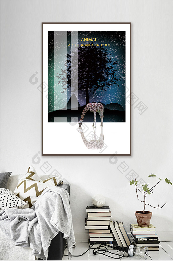 北欧风抽象森林长颈鹿晶瓷风景客厅装饰画