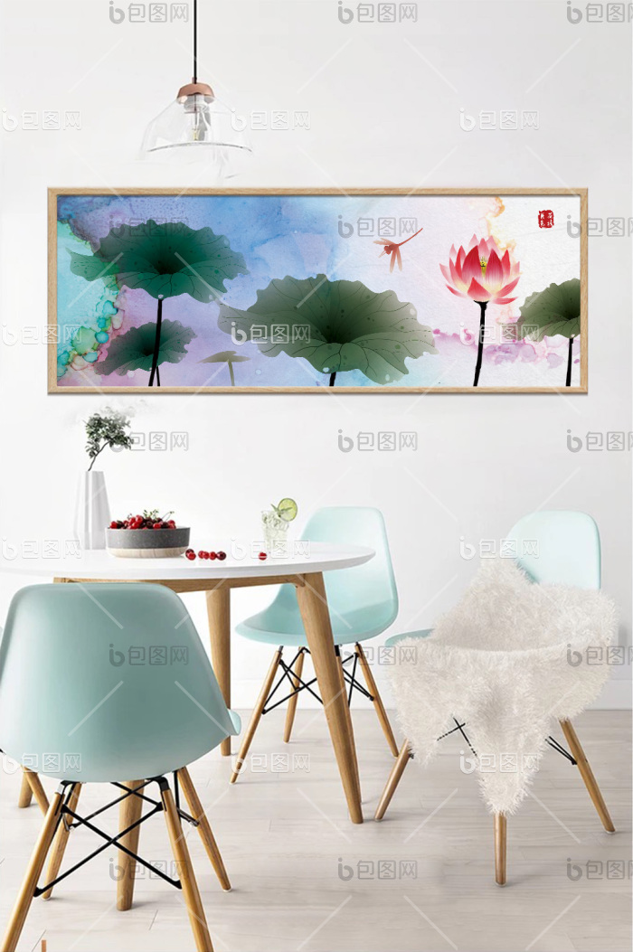 手绘中式荷花挂画装饰画-手绘中式荷花挂画装饰画效果图-【包图网】