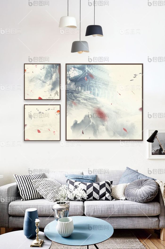 中式水墨意境山水风光装饰画-中式水墨意境山水风光装饰画效果图-【包图网】