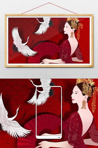 剪纸风中国风传统元素新娘纸扇白鹤插画图片