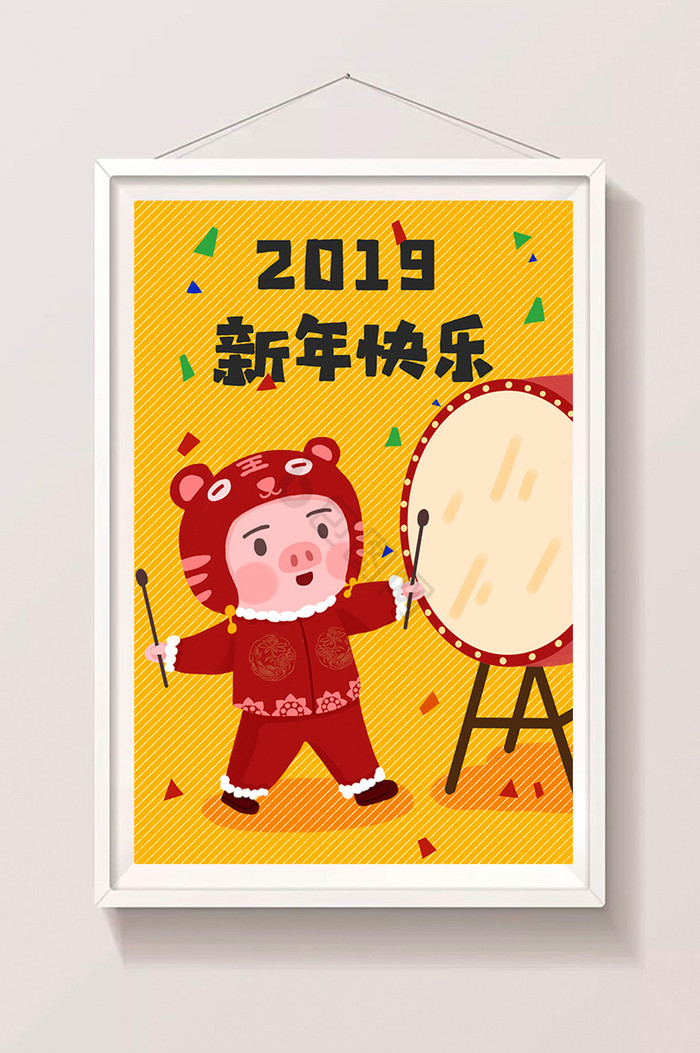 春节2019猪猪敲鼓插画图片