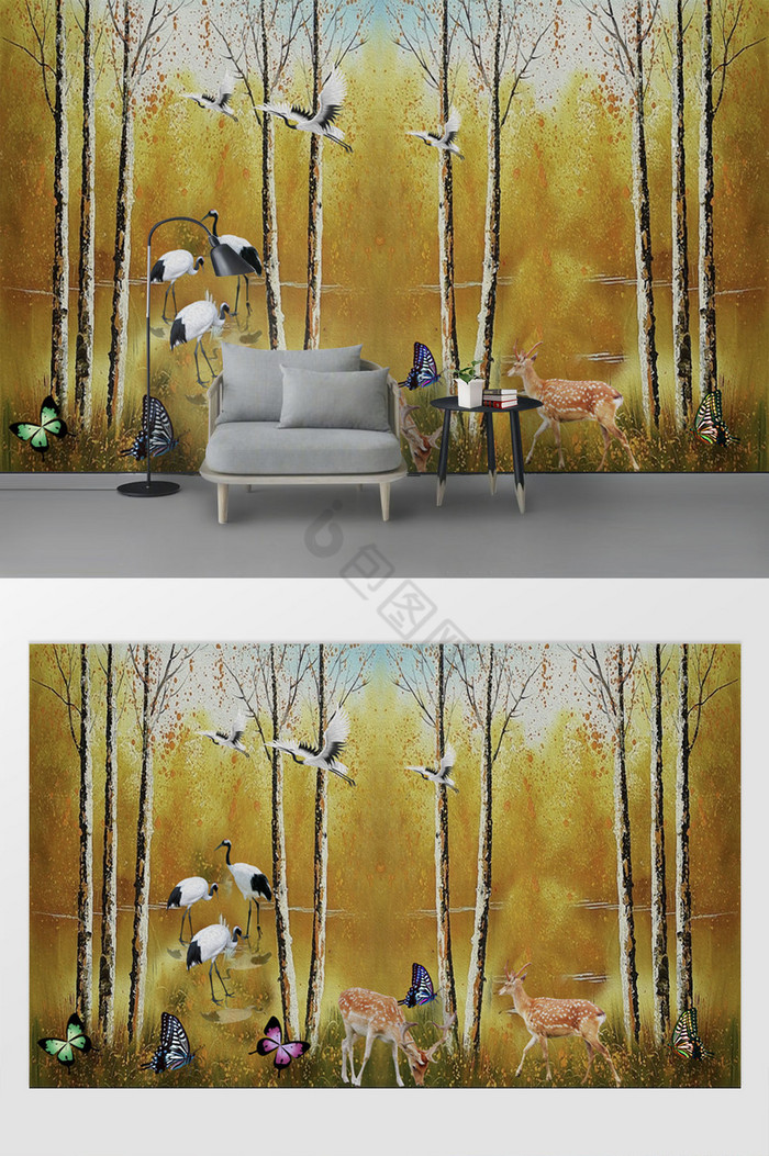 现代手绘油画森林动物背景墙图片
