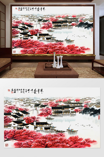 中国风国画工笔水墨江南水乡电视背景墙图片