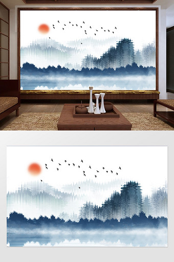 新中式抽象水墨山日出飞鸟水客厅背景墙图片