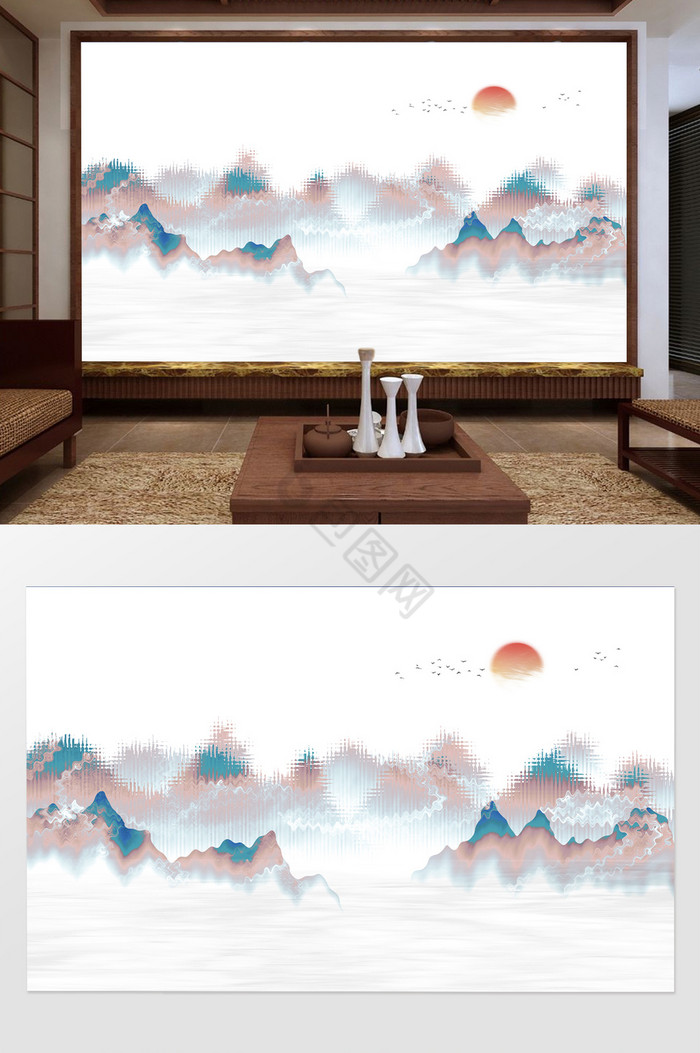 新中式抽象水墨山水日出客厅背景墙图片