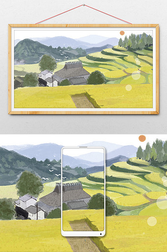 手绘田园美景插画元素图片