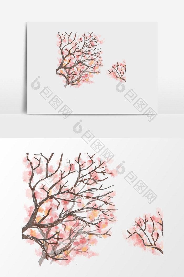 手绘粉花树木插画元素
