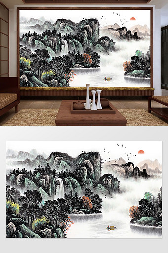 中国风流水生财鸿运当头水墨山水背景墙图片
