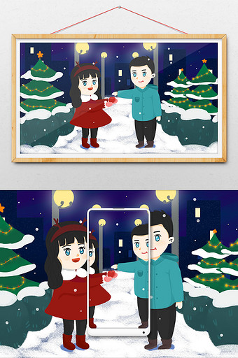 圣诞节平安夜男孩给女孩送苹果卡通插画图片