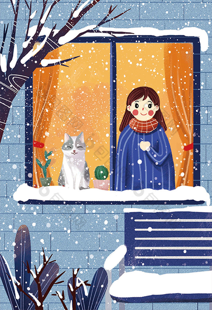 冬日下雪雪地女孩猫窗户插画