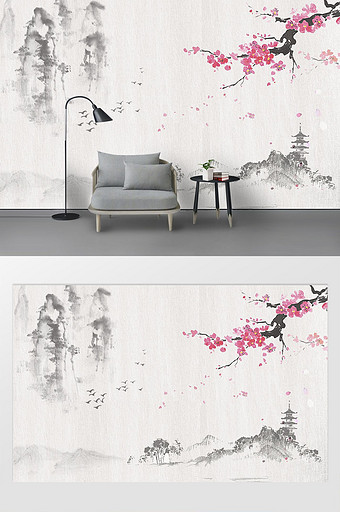 中国风水墨手绘工笔傲骨红梅梅花背景墙图片