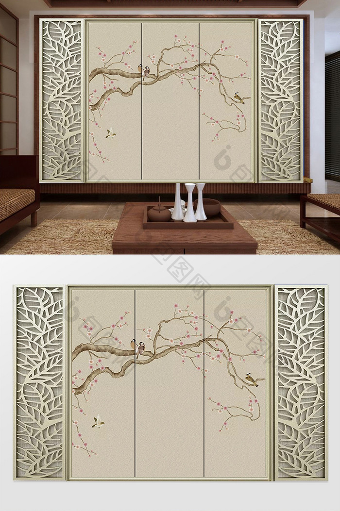 新中式手绘梅花工笔画花鸟软包背景墙装饰画