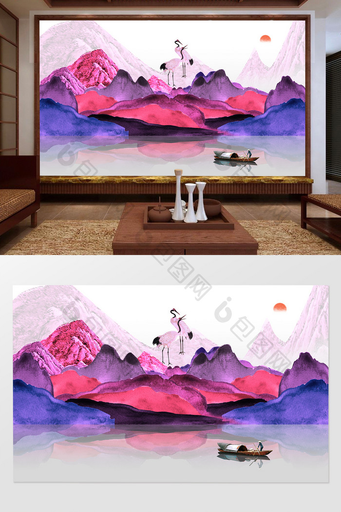 新中式粉红色山水背景墙