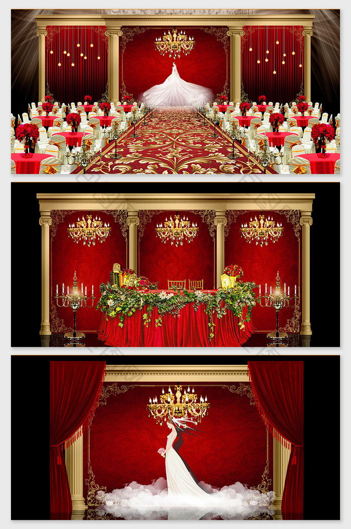 酒红色欧式花纹描边宫廷式婚礼效果图