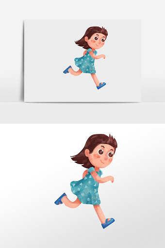 水彩手绘元素穿连衣裙奔跑的女孩子图片
