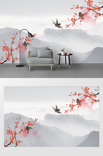 中国风手绘工笔水墨花鸟电视背景墙图片