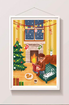 夜晚街景圣诞节男孩熊插画