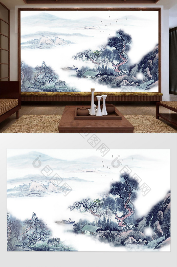 中式蓝色水墨山水背景墙定制