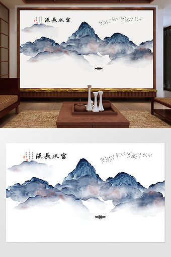 意境新中式山水国画水墨背景墙风情山河图片