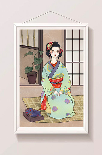 复古日本浮世绘和服少女古典唯美插画图片