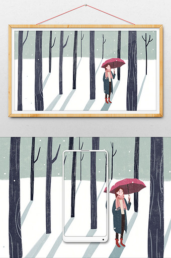 小清新大雪树林里的女孩插画图片
