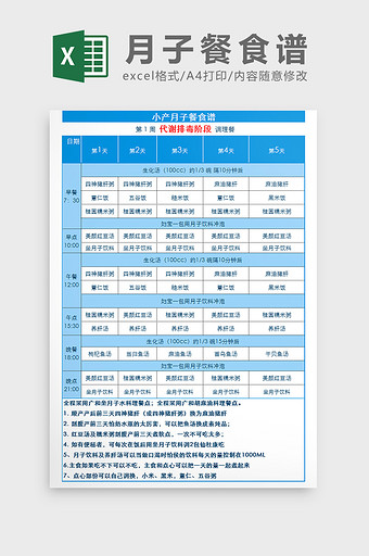 产妇小产调理月子餐食谱Excel模板图片