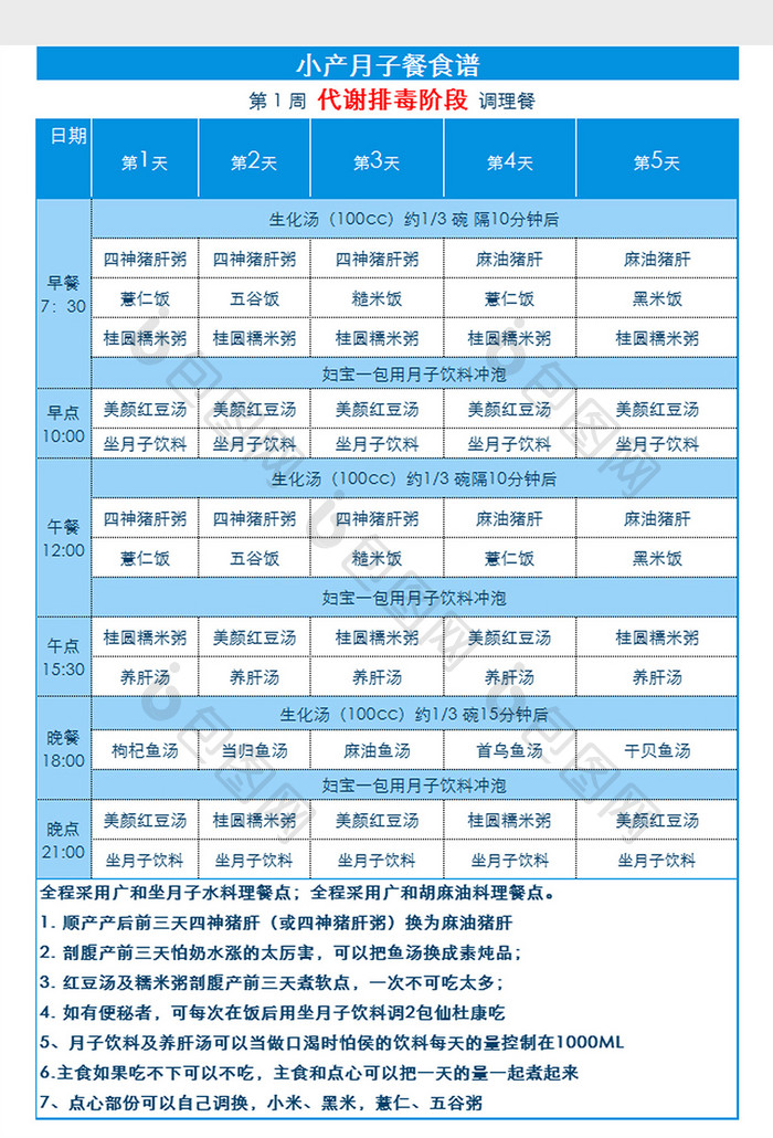 产妇小产调理月子餐食谱Excel模板