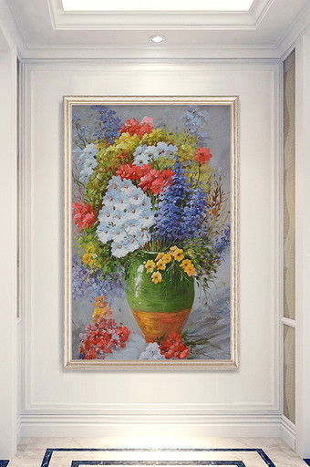 现代纯手绘油画艺术花瓶花卉玄关装饰画图片