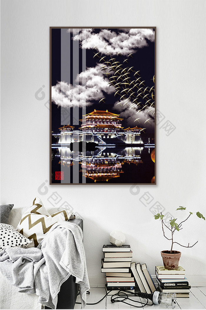 中国风建筑晶瓷夜空风景客厅酒店装饰画