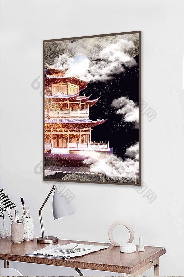 大气文艺中国风建筑晶瓷风景客厅酒店装饰画